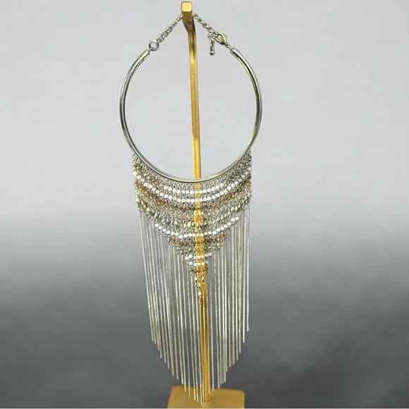 Gold Tone Boho Fringe Statement Necklace Bib Collar Festival Cleopatra Style - Picture 2 of 4